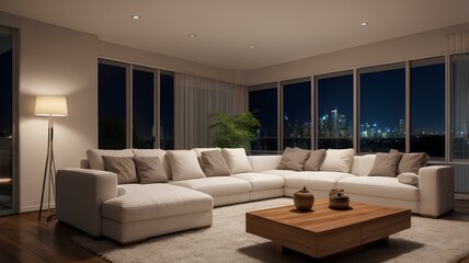 A modern minimalist living room featuring a large white sectional sofa, wooden coffee table, and floor lamp