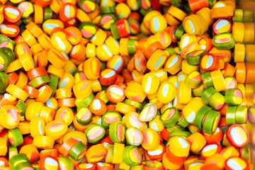 Assorted colorful gummy jelly candies. Top view. Jelly sweets.