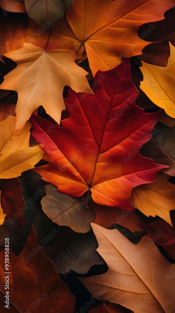 Poster a close up of a pile of autumn leaves with a leaf in the center. the leaves are of different colors 