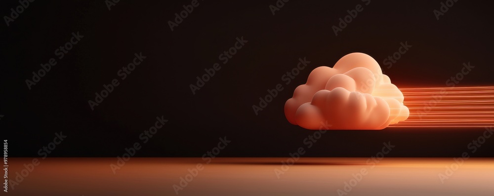 Poster a dynamic cloud with a vibrant orange hue, speeding through a dark background, symbolizing movement 