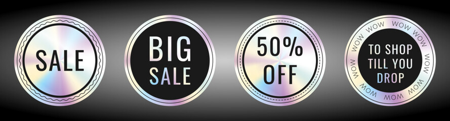 A set of holographic rainbow stickers, sticker labels with discounts on goods. Vector illustration. Holographic labels with big discounts for Cyber Monday.