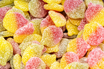 Assorted colorful gummy jelly candies. Top view. Jelly sweets.