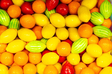 Assorted colorful gummy jelly candies. Top view. Jelly sweets.
