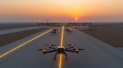 Drones Landing on Runway at Sunset