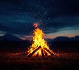 A fire is burning in a pile of wood, surrounded by a field. The sky is dark and cloudy, and the fire is the only source of light. Scene is calm and peaceful, as the fire provides warmth
