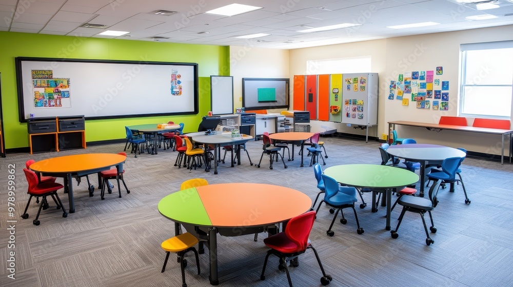 Poster a colorful classroom with tables, chairs, and interactive learning tools for students.