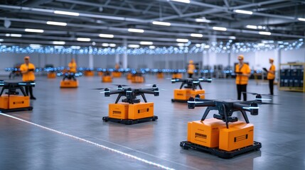 Fototapeta premium Drone Delivery Warehouse Interior with Workers and Packages
