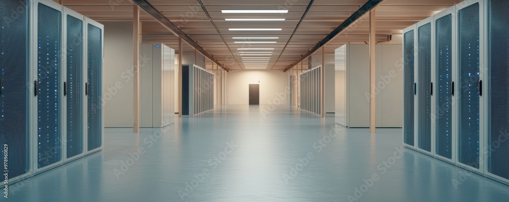 Poster a modern data center hallway featuring server racks and illuminated panels, ideal for tech and infra