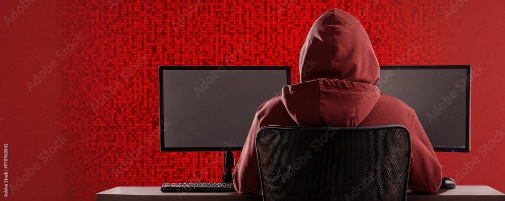 Poster a hooded figure sits at a desk with dual monitors, embodying the intrigue of hacking and cyber secur