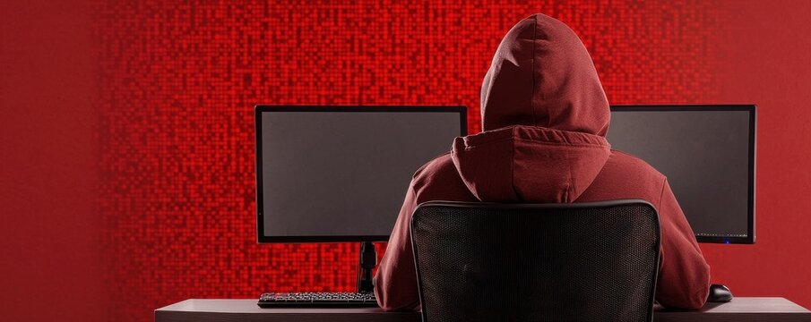 A hooded figure sits at a desk with dual monitors, embodying the intrigue of hacking and cyber security in a mysterious atmosphere.