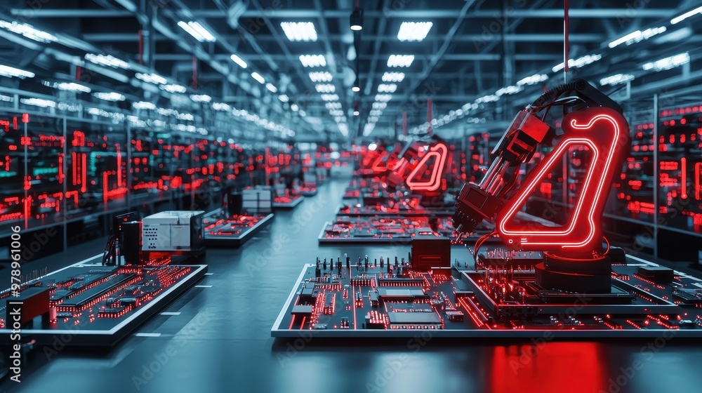 Poster futuristic factory assembly line with robotic arm and circuit boards