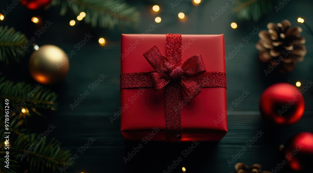 Poster a red box with a red ribbon sits on a table with christmas decorations. the box is the center of att