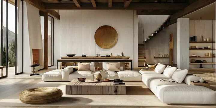 Wood slab coffee table, beige sofa pillows�near fireplace in living room.