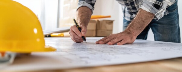 A construction worker analyzes blueprints with a yellow hard hat on a wooden table, showcasing meticulous planning and design.