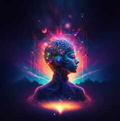 Fototapeta premium A digital art piece depicts a human head with a brain that is intertwined with a galaxy of colorful lights and nebulae.