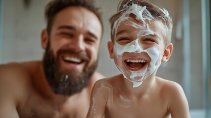 Father, boy and mirror in home for learning facial care, grooming and bonding with love.