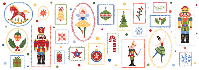 Christmas decorations flat vector illustration. New Year's balls, nutcracker and ballerina . Merry Christmas and New Year set with Ballerina and Nutcracker. iTransparent background