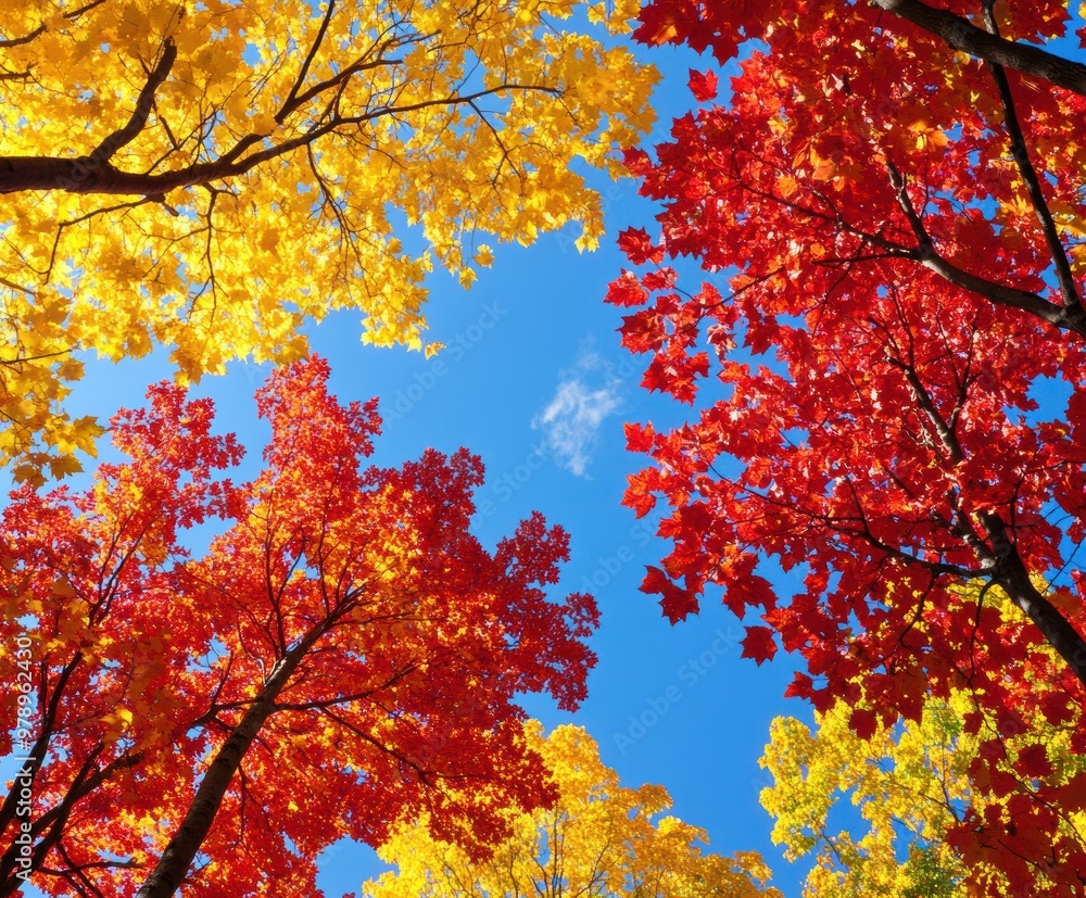 Poster a tree with yellow leaves is in the foreground and a tree with red leaves is in the background. the 