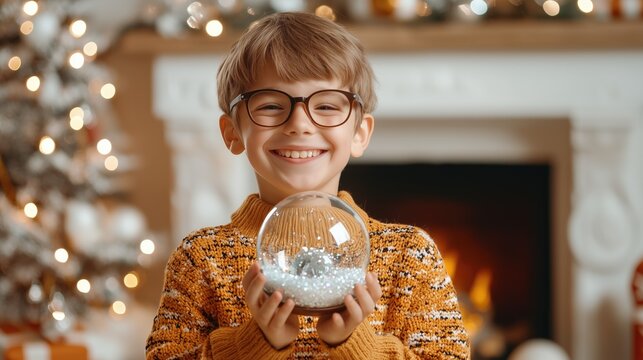Joyful non-binary child with glasses holding a snow globe in a cozy festive Christmas setting. Embracing gender diversity and individual expression in Christmas festivities