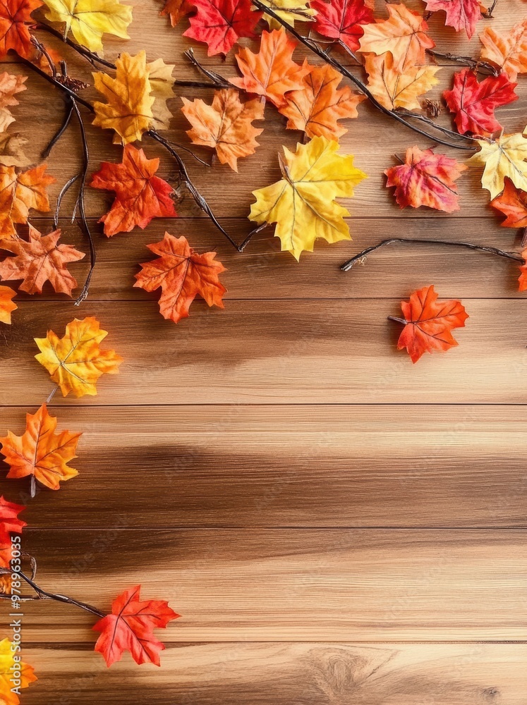 Poster a wooden background with a large number of orange leaves on it. the leaves are arranged in a way tha