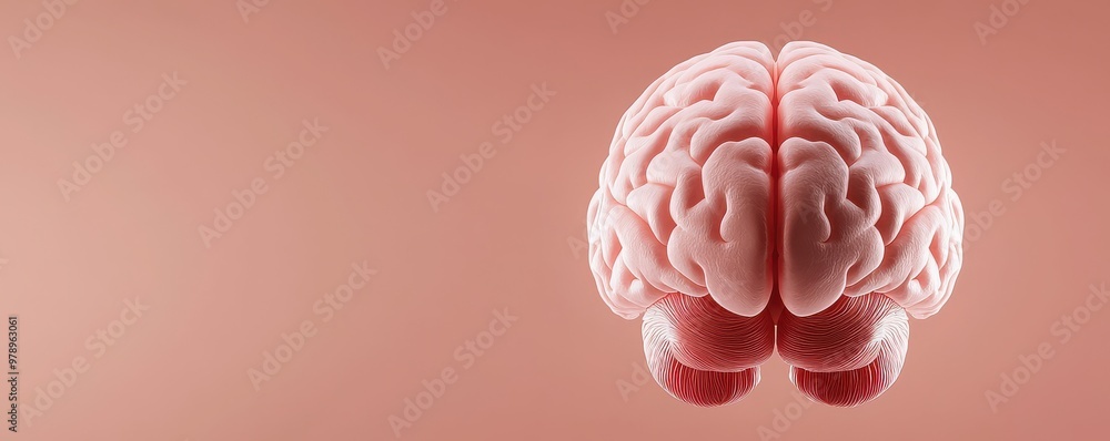 Poster a detailed illustration of a brain on a soft pink background, showcasing its intricate structure and