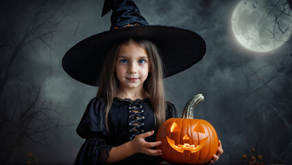 Fototapeta premium Young witch with a jack-o-lantern pumpkin in a spooky Halloween setting