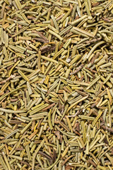 Background macro dried rosemary leaves top view, seasoning texture.