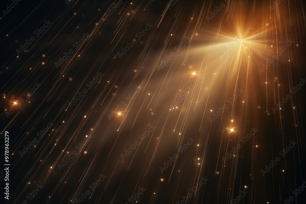 Poster golden light rays illuminating a dark background with sparkling particles at twilight