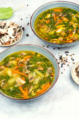 Vegetarian soup with croutons.