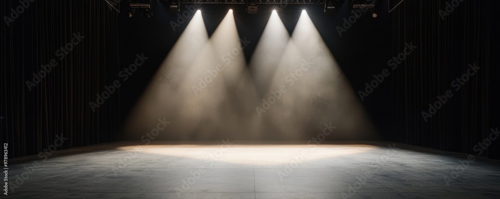 Poster an empty stage illuminated by powerful spotlights, creating a dramatic atmosphere for performances a