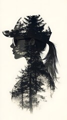 Fototapeta premium A silhouette of an athletic woman with a ponytail, wearing sunglasses and a cap against the backdrop of a dense forest