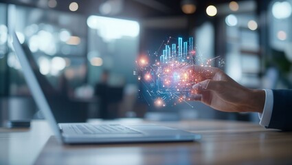 Harnessing the Future: A Business Professional Engaging with High-Tech Visualizations in a Modern Workspace, Highlighting Innovation and Digital Transformation Dynamics.