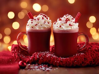 Two cups of hot chocolate with whipped cream and red sprinkles on a red cloth. The cups are placed on a table with a red blanket underneath them. The scene conveys a cozy and festive atmosphere