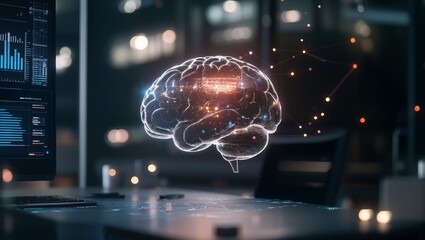 A stunning visualization of a glowing brain hovering above a sleek desk, blending technology and creativity, showcasing the wonders of cognitive processes and advanced thinking.