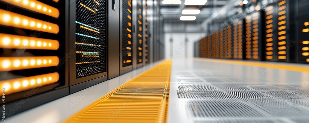 Poster modern data center aisle featuring illuminated servers and high-tech infrastructure.