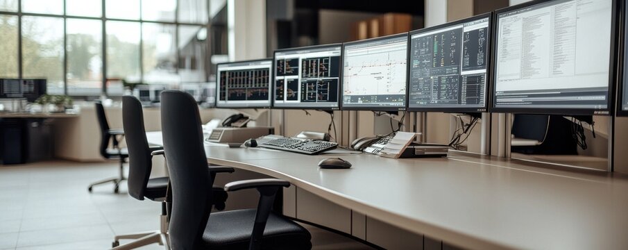 Modern office workspace featuring multiple computer screens arranged neatly on a sleek desk, conveying productivity and technology.