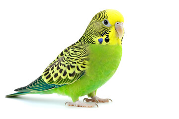 Obraz premium A vibrant green budgie stands alone on white backdrop. The budgerigar, also known as a wavy parrot