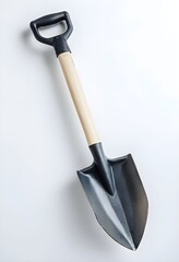 Minimalist image of a shovel with wooden handle on a white background, gardening tool closeup of a black metal spade with clean design