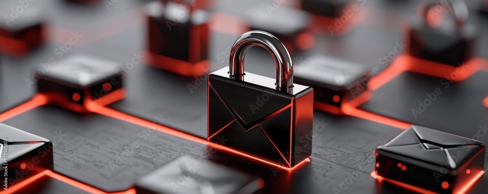 Poster a digital security concept showcasing a padlock over a network of email symbols, emphasizing protect