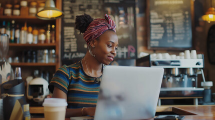 Female cafe owner using laptop in her caffe