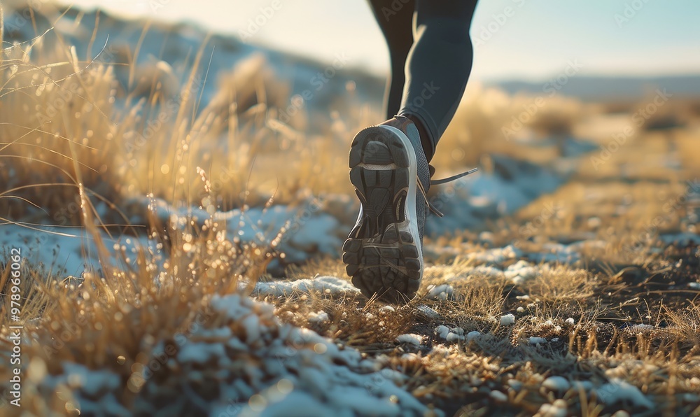 Wall mural person feet running in a desert, capturing movement and the expansive landscape at sunset.