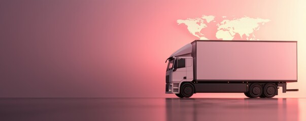 Modern delivery truck against a pink backdrop with a world map above, symbolizing logistics and global transport.