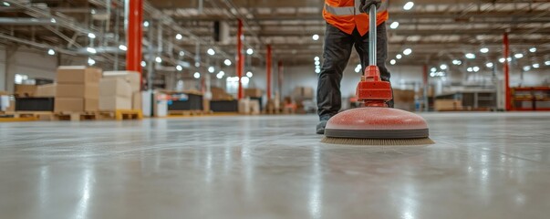 A worker using a floor scrubber to clean a spacious warehouse, ensuring a tidy and safe working environment.
