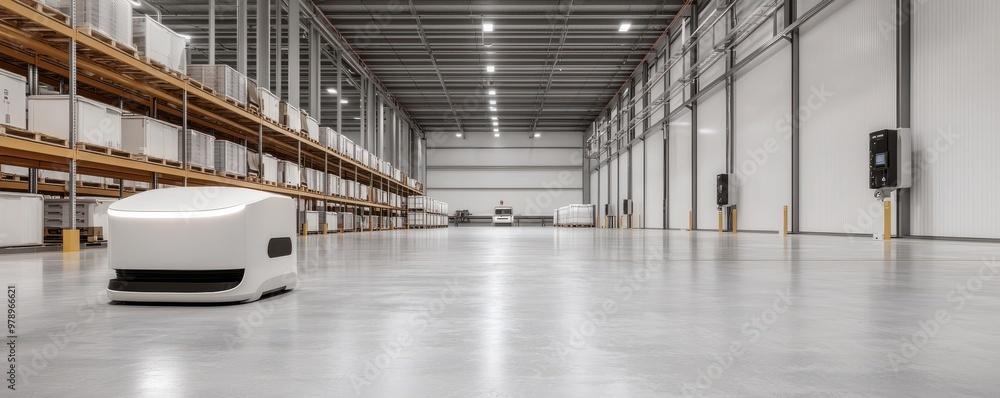 Poster a modern warehouse showcasing advanced technology and automation systems for streamlined logistics a
