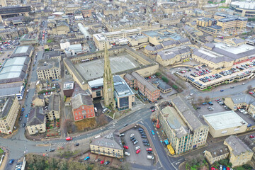 Aerial photo of the famous Piece Hall in the Blackledge area of Halifax in Calderdale in West Yorkshire, England, showing the historic stone build building in the town centre.