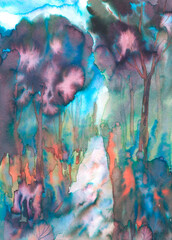Abstract landscape drawn with ink on paper in blue, bright contrasting tones for graphic design.