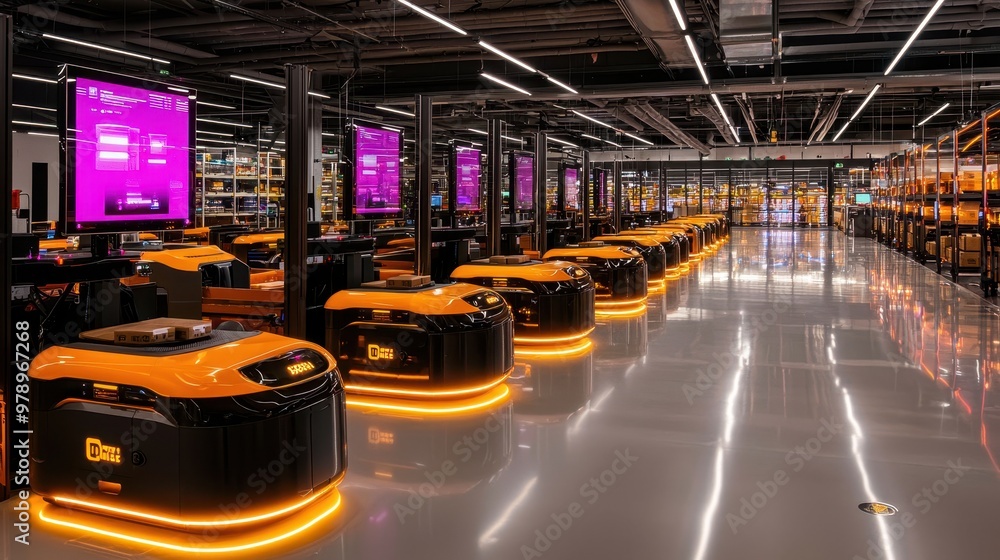 Poster automated warehouse robots in a modern distribution center