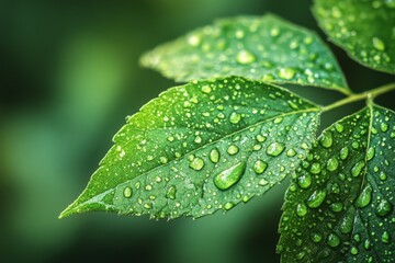 extreme macro shot of raindrops on leaf . ai generated