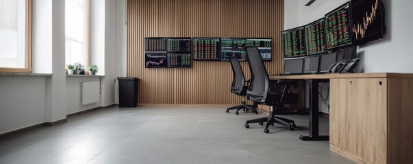 Modern office interior with trading monitors, ergonomic chairs, and wooden elements creating a professional workspace.