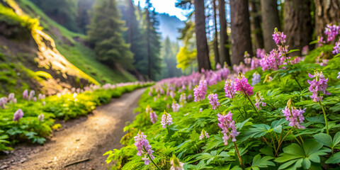 Scouler's Corydalis blooming along trail in Olympic National Park, Scouler's Corydalis, bloom, trail